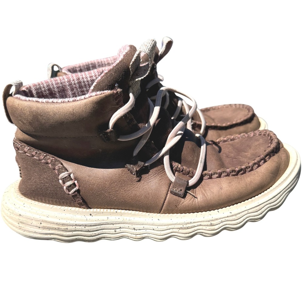Hey‎ Dude Lace Up Ankle Womens Reyes Boots Brown Leather Moc Toe Mens Shoes W6